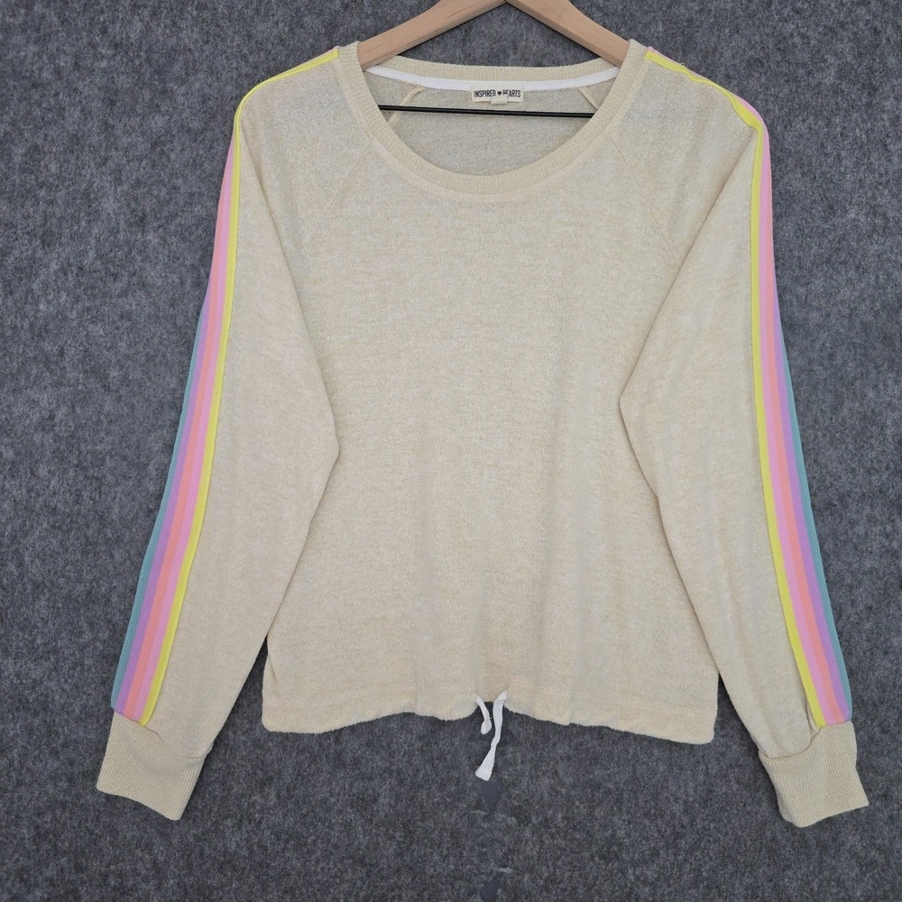 Inspired Hearts Sweater Womens XL Beige Rainbow Stripe Raglan Pullover Top